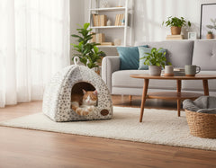 Gemütliche Katzenhöhle in Zeltform im Wohnzimmer mit entspannter orangefarbener Katze und grauem Sofa im Hintergrund.