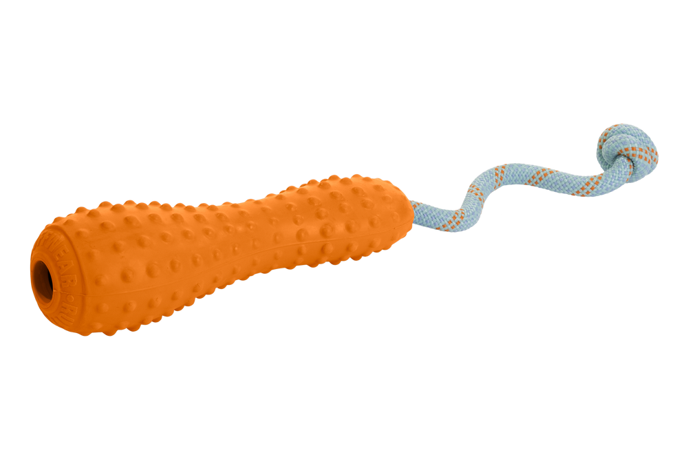 Gourdo™ Gummi-Wurfspielzeug für Hunde mit griffigem orangefarbenem Griff und spiraligem blauen Seil.