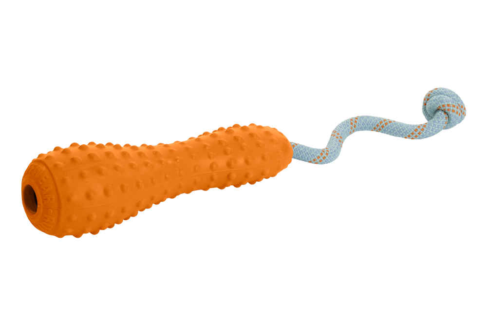Gourdo™ Gummi-Wurfspielzeug für Hunde mit griffigem orangefarbenem Griff und spiraligem blauen Seil.