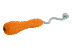 Gourdo™ Gummi-Wurfspielzeug für Hunde mit griffigem orangefarbenem Griff und spiraligem blauen Seil.