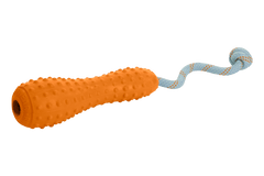 Gourdo™ Gummi-Wurfspielzeug für Hunde mit griffigem orangefarbenem Griff und spiraligem blauen Seil.