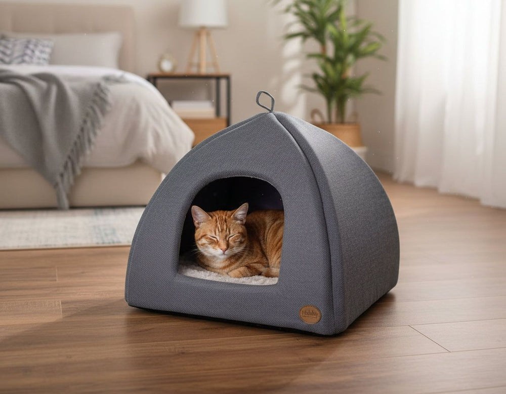 "Graue Katzenhöhle mit orangefarbener Katze, die entspannt schläft, in einem gemütlichen Zimmer."