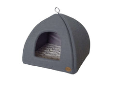 Katzenfreundliches Zelt-Haus mit weichem Innenfutter und offener Vorderseite, ideal für entspannte Katzenmomente.