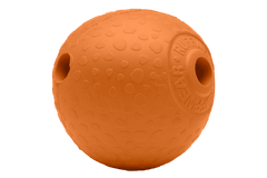 Orangefarbener Huckama™ Gummi-Wurfball mit strukturierter Oberfläche und zwei gegenüberliegenden Öffnungen für interaktives Spielen.