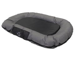 Hundebett "RENO" in ovaler Form mit gepolstertem Rand in Grau und glatter, schwarzer Mitte für optimalen Komfort.