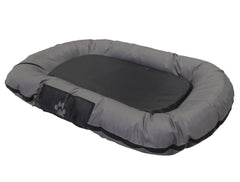 Hundebett "RENO" in ovaler Form mit gepolstertem Rand in Grau und glatter, schwarzer Mitte für optimalen Komfort.