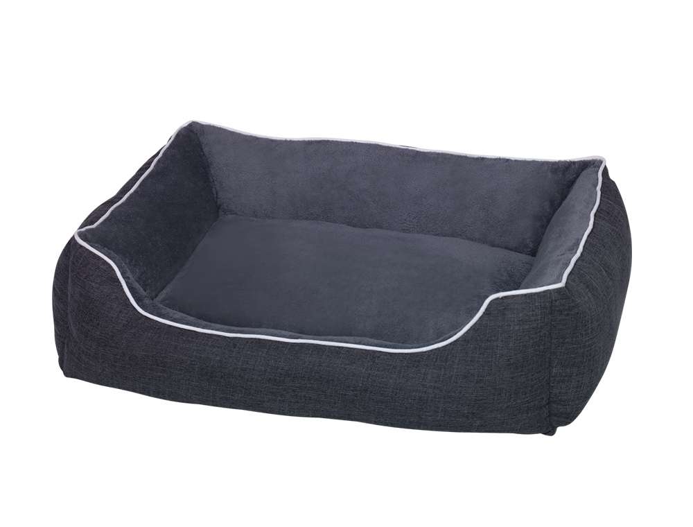 Komfortbett eckig "Purus" für Hunde mit gepolsterten Seiten und weicher grauer Innenfläche, dunkelgrauer Außenstoff.