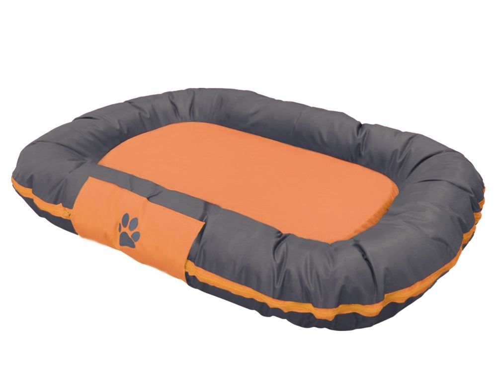 "Hundebett RENO in rechteckigem Design mit orangefarbener Liegefläche und grauem Rand für komfortables Liegen."