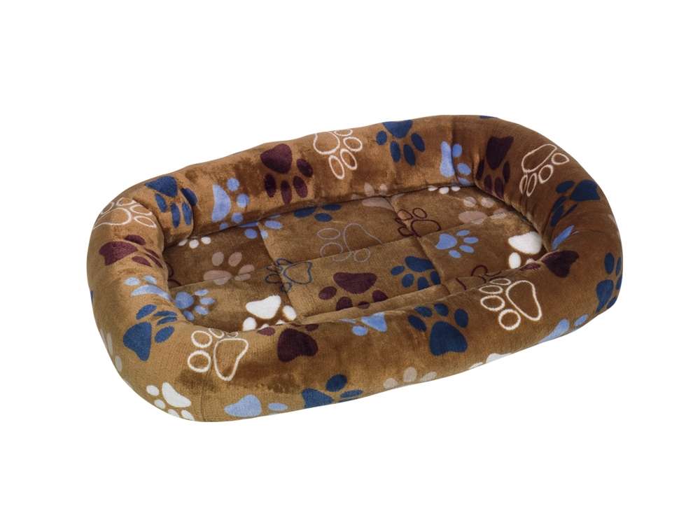 Hundefreundliches rechteckiges Bett "Lissi" in Braun mit bunten Pfotenabdrücken. Weich und gemütlich für Ihren Hund.