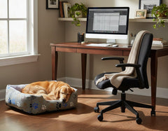 Gemütliches Zimmer mit Schreibtisch, Computer, Hundebett und schlafendem Hund neben dem Komfortbett "Lissi".