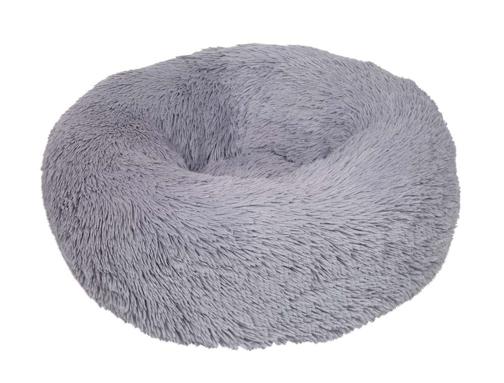 Rundes, graues Kuschelbett "ESLA" für Hunde mit flauschigem Bezug, ideal zum Entspannen und Wohlfühlen.