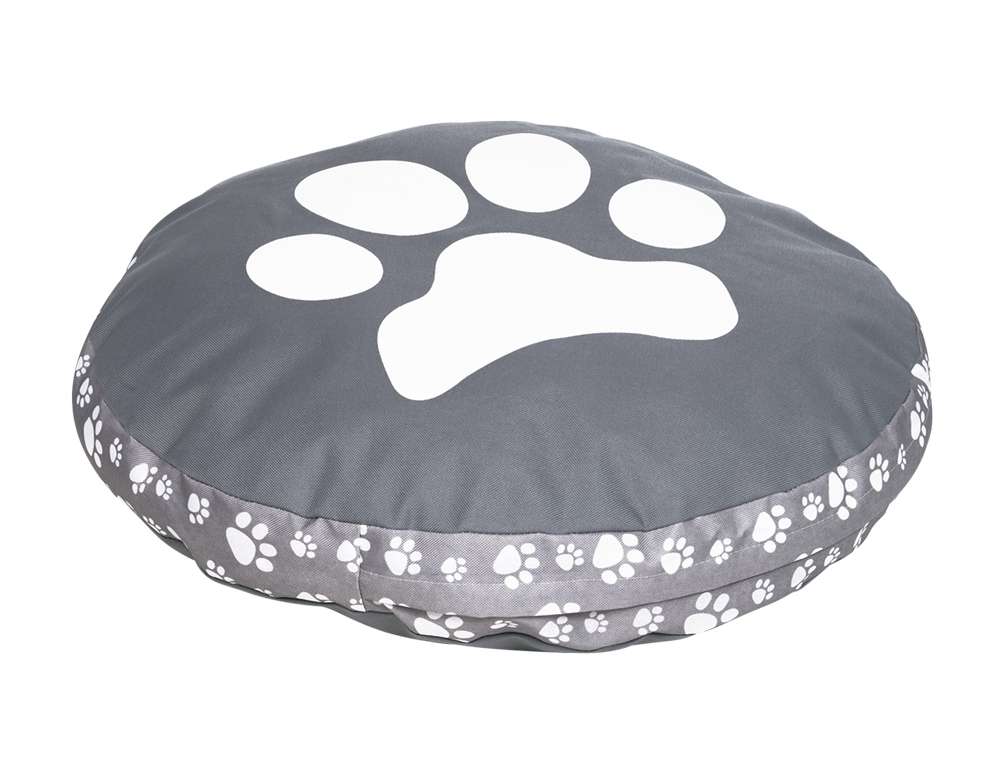 Rundes Hundekissen "Zampa" in Grau mit Pfotenabdruck und dekorativen Pfotenmotiven am Rand. Ideal für Komfort und Stil.