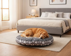 "Schlafender golden Retriever auf rundem Komfortkissen 'Zampa' in gemütlichem Schlafzimmer mit Fenster."