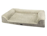 Orthopädisches Hundebett "CALBU" in Beige und Grau mit erhöhten Lehnen für optimalen Komfort.
