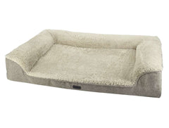 Orthopädisches Hundebett "CALBU" in Beige und Grau mit erhöhten Lehnen für optimalen Komfort.