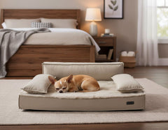 "Stilvolles orthopädisches Sofa 'NUKA' für Hunde mit Chihuahua, ideal zum Entspannen im Schlafzimmer."