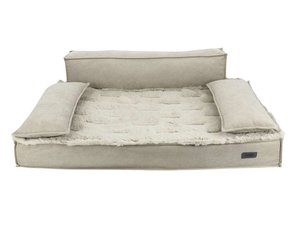 Orthopädisches Hundebett "NUKA" in Beige mit gepolsterter Liegefläche und erhöhten Rückenlehnen für optimalen Komfort.