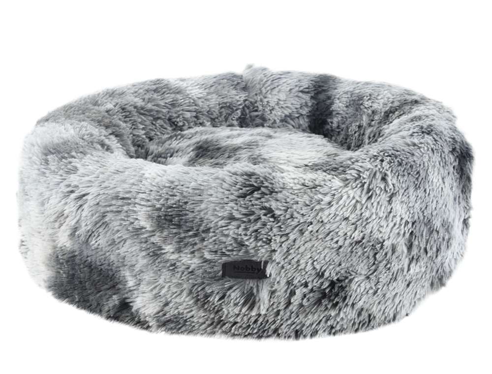 Komfortables rundes Hundebett "Coda" in grauem Felllook mit hohen Rändern für Geborgenheit und kuscheliger Oberfläche.