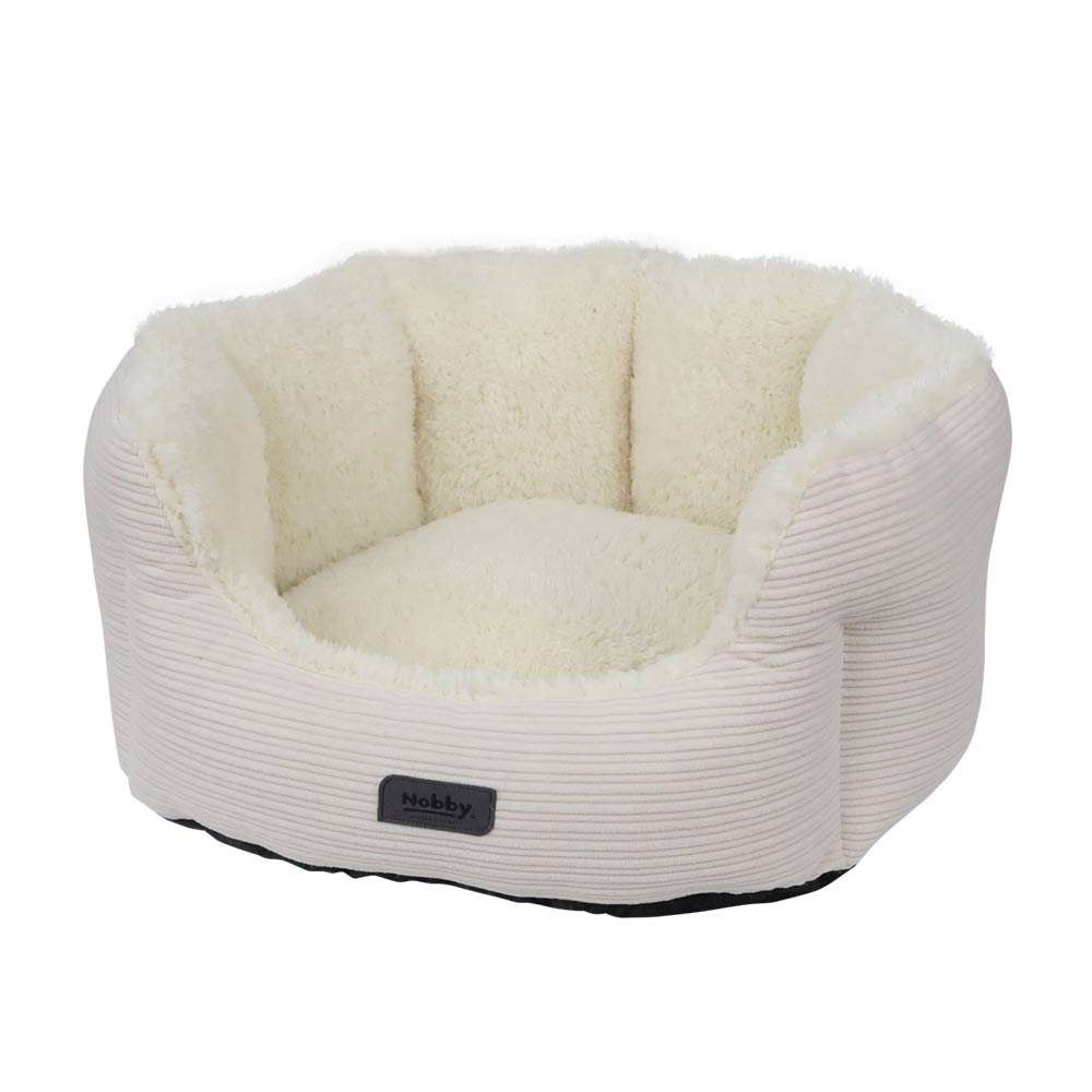 "Komfortbett oval KAMBA für Hunde mit flauschigem Innenmaterial und gestreifter, beiger Außenseite."