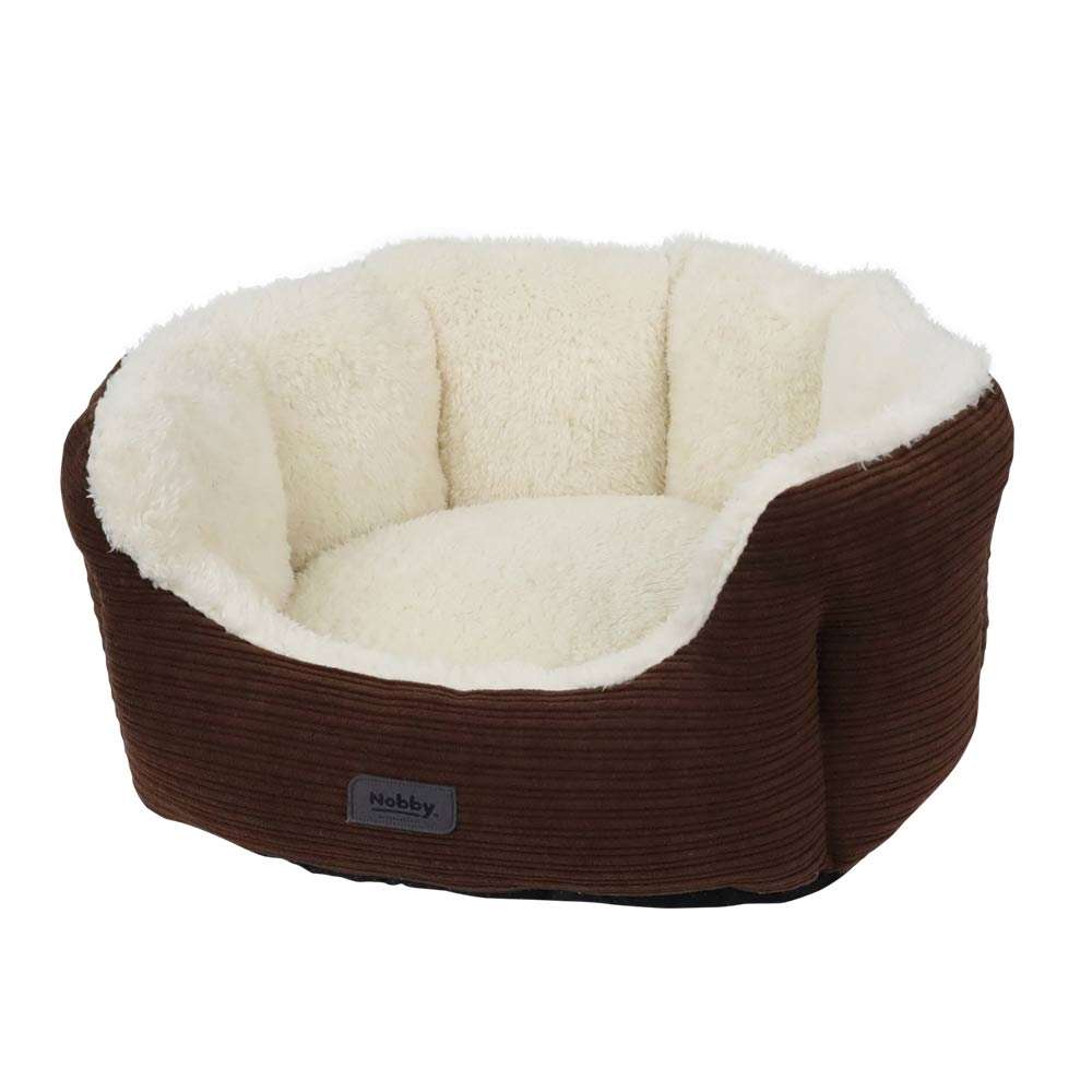 Komfortbett oval "KAMBA" in brauner Cord-Optik für Hunde und Katzen mit weichem Innenfutter und hohen Rändern.