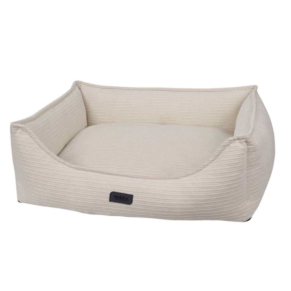 Komfortbett eckig "KAMBA" in hellbeige mit gestreiftem Muster und flauschiger, gepolsterter Liegefläche.
