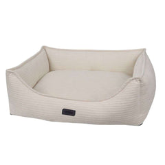Komfortbett eckig "KAMBA" in hellbeige mit gestreiftem Muster und flauschiger, gepolsterter Liegefläche.