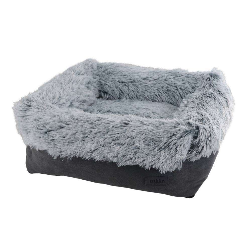 Komfortbett eckig "NURU" für Hunde in grauem Design mit flauschiger Innenauskleidung und erhöhtem Rand.
