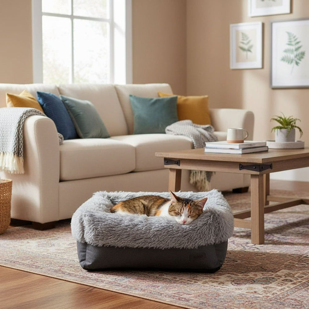 Gemütliches Wohnzimmer mit hellem Sofa, dekorativen Kissen und einem komfortablen, grauen Katzenbett in der Mitte.