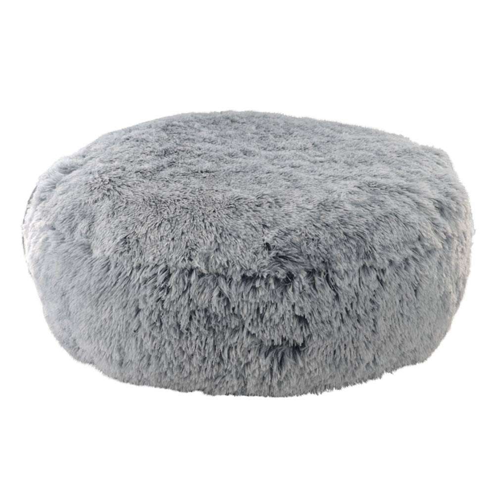 Runder grauer Pouf "NURU" aus flauschigem Material, ideal als kuschelige Sitzgelegenheit für jeden Raum.