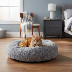 Orangefarbene Katze entspannt in rundem grauen Katzenbett in modernem Raum mit Bett und Nachttisch.