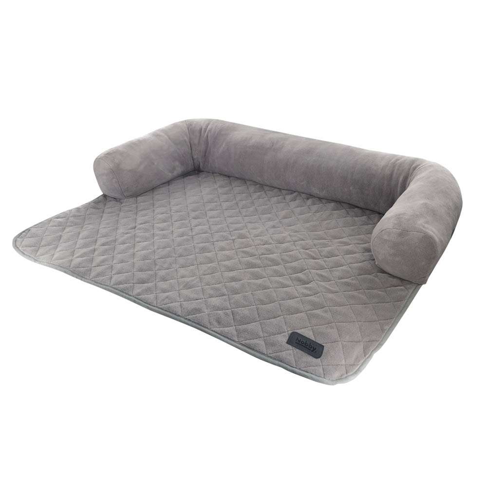 Hundefreundliches Bett "Penka" mit grauer, weicher Liegefläche und hohen, gepolsterten Seitenrücken für optimalen Komfort.