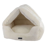 Kuscheliges graues Hundebett in Hausform mit gefüttertem Innenbereich und weichem Rand für optimalen Komfort.