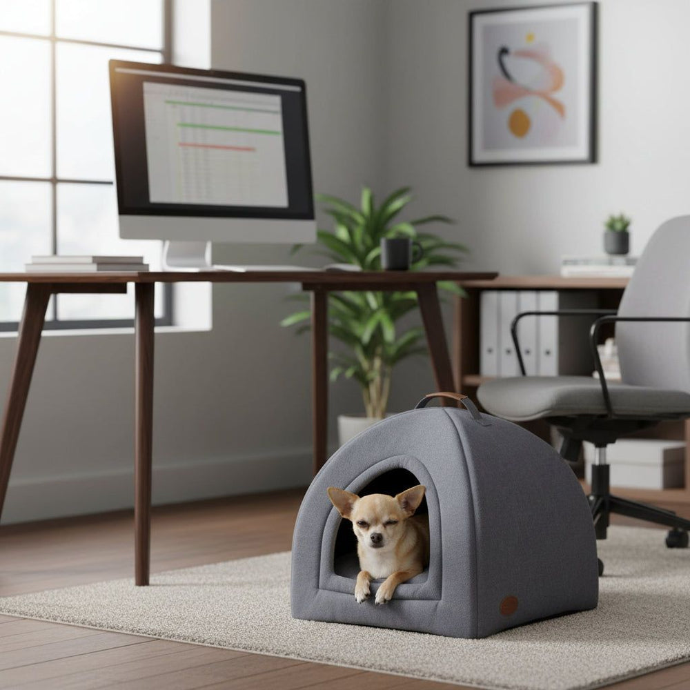 "Hund TIANA im eckigen Hundehäuschen in modernem Wohnraum mit Schreibtisch und Computer."