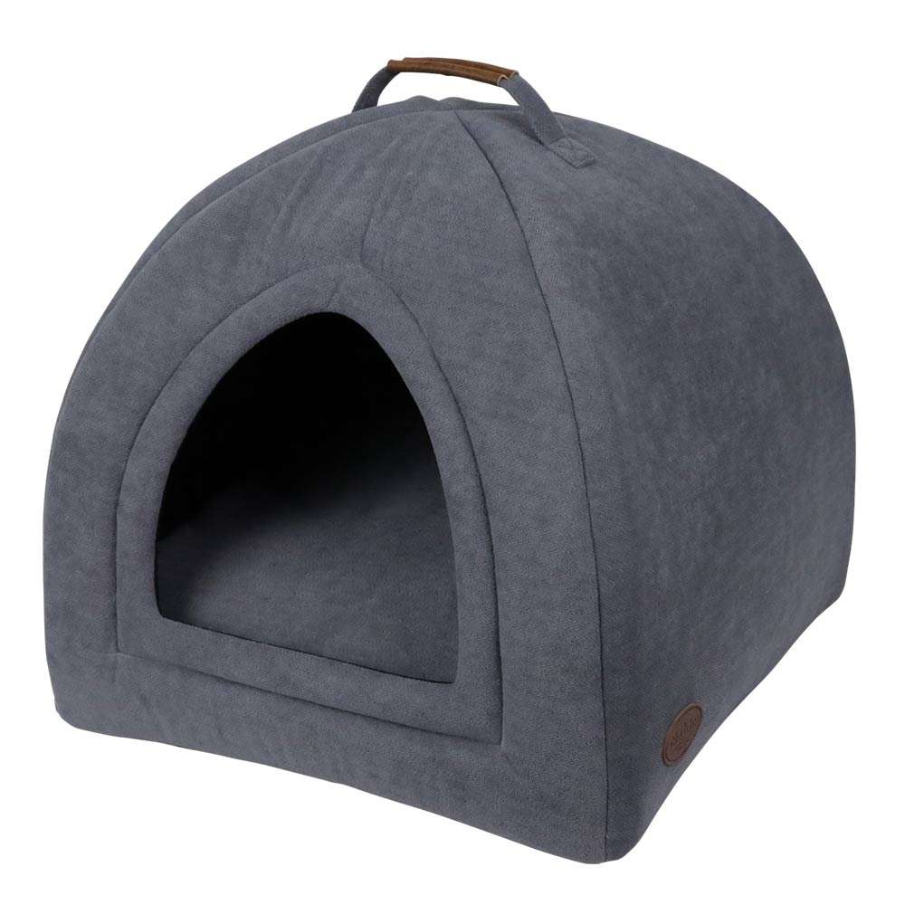 Dunkelgraues Katzenhaus "TIANA" in Zeltform mit großem Eingang und weichem Material für besten Komfort.