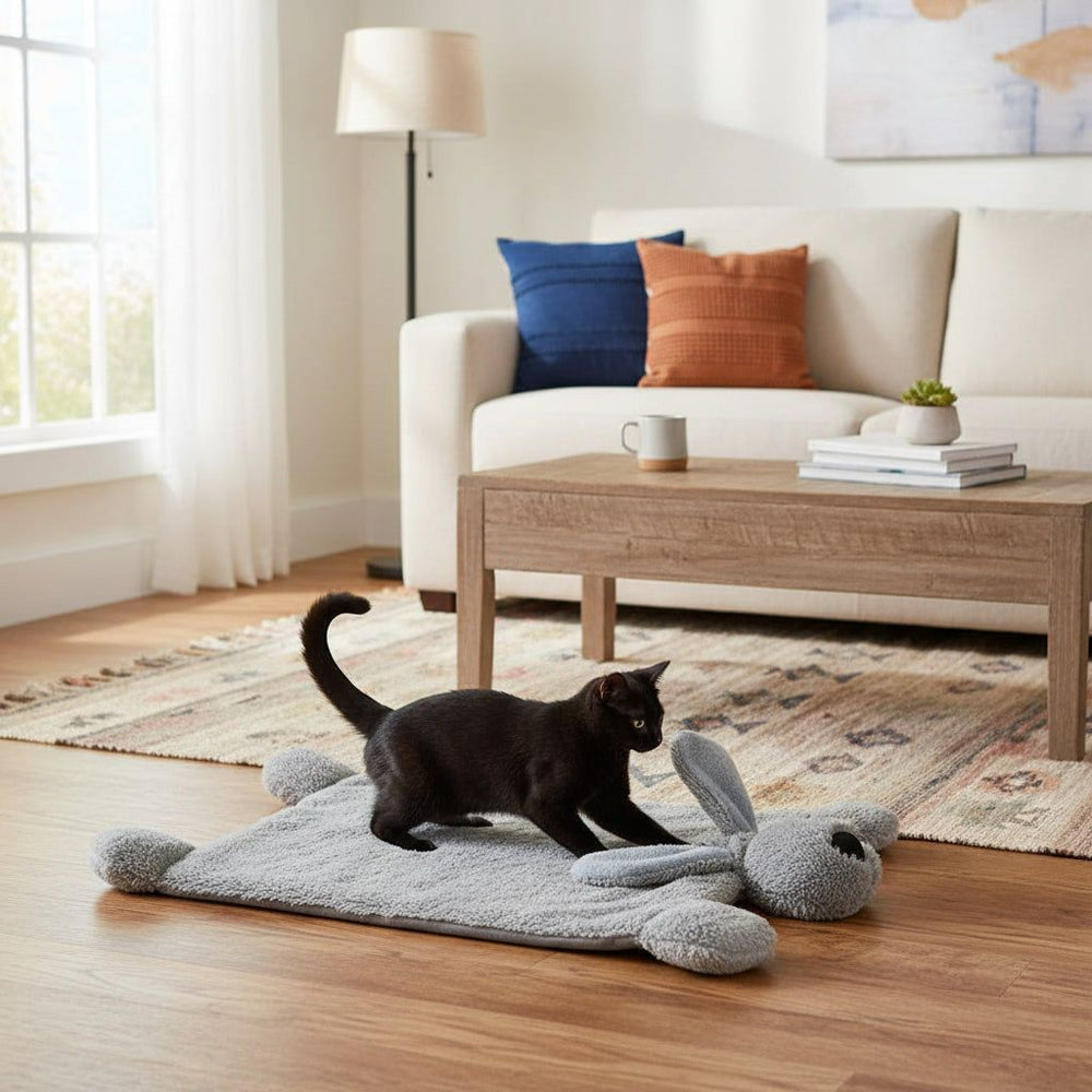 Grauer Hase-Teppich in hellem Raum mit schwarzem Kater und beigem Sofa mit bunten Kissen.