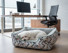Gemütliches Hundebett "Tonis" im Büro mit schlafendem weißen Hund vor Schreibtisch und Computer.