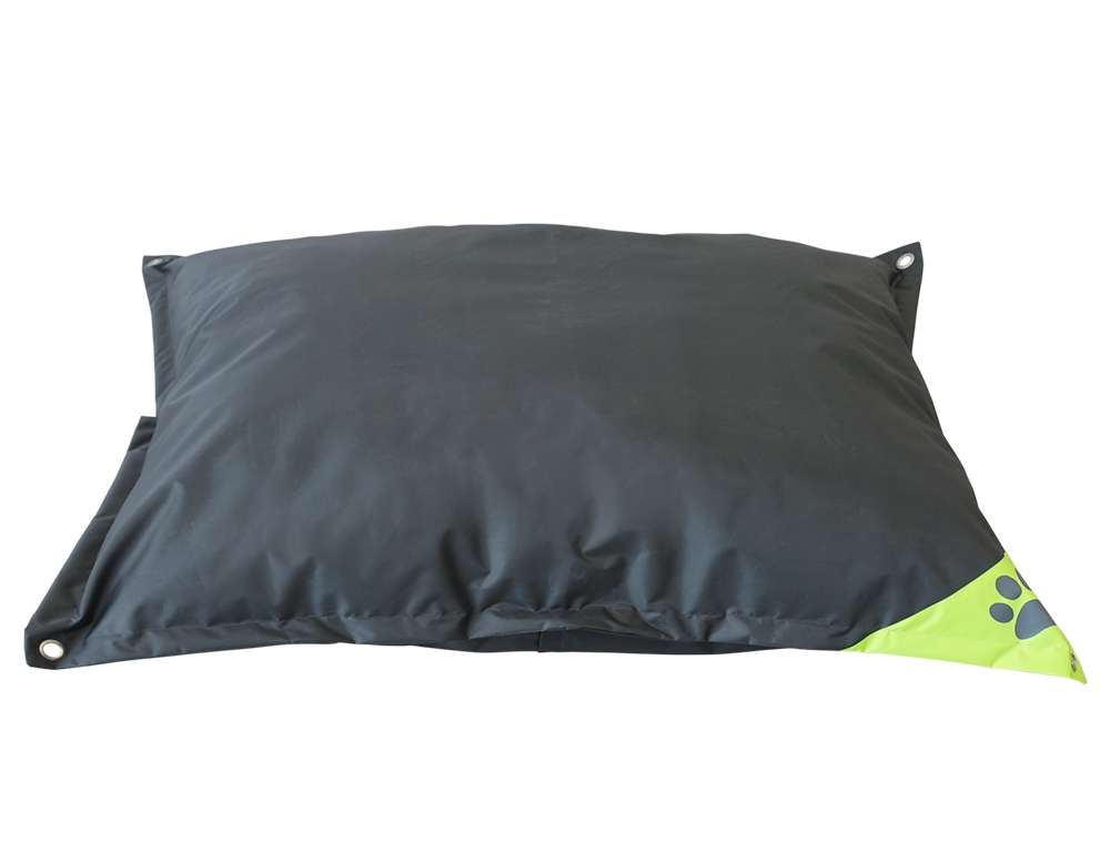Komfortkissen Classic "Reno" eckig in Dunkel mit grünem Pfotenabdruck und Ösen für Hunde.