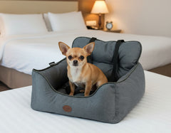Kleiner Chihuahua sitzt in beigem Reisebett KADEK mit gepolstertem Rahmen und bequemer Liegefläche.