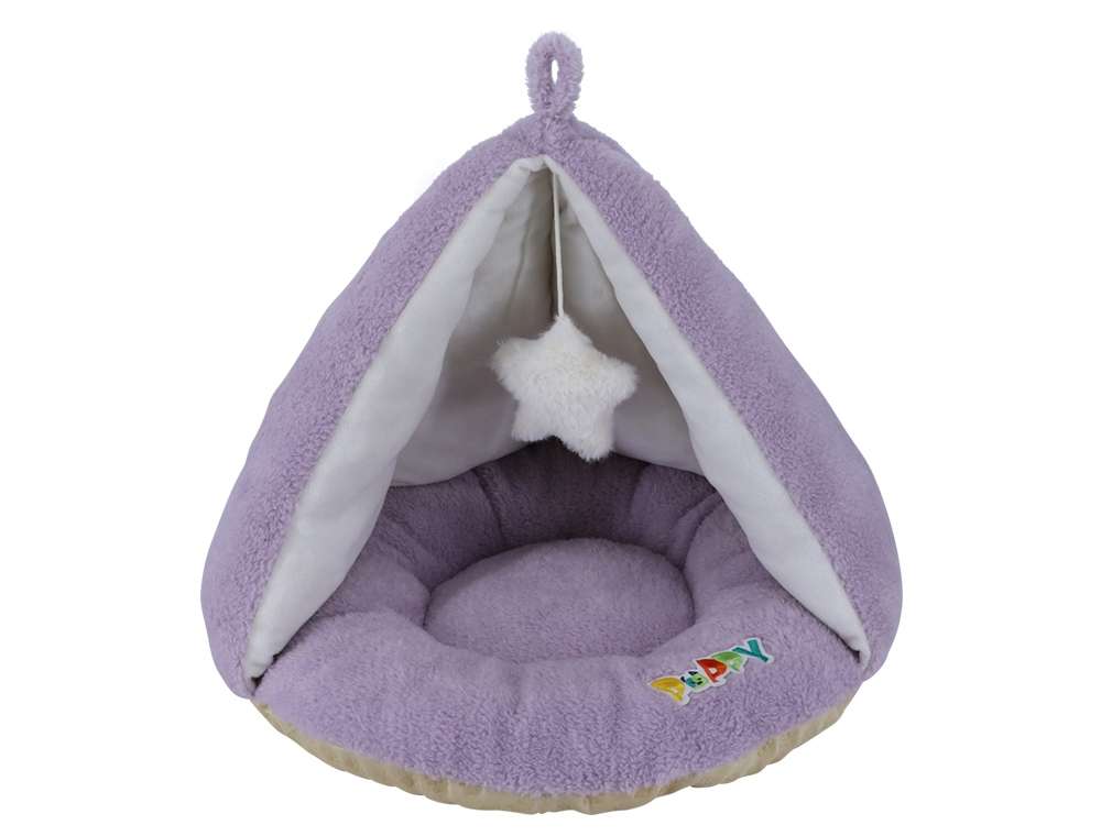 Komfortzelt "Puppy" für Haustiere in lila mit weicher Innenfläche und weißem Stern oben. Ideal zum Kuscheln und Entspannen.