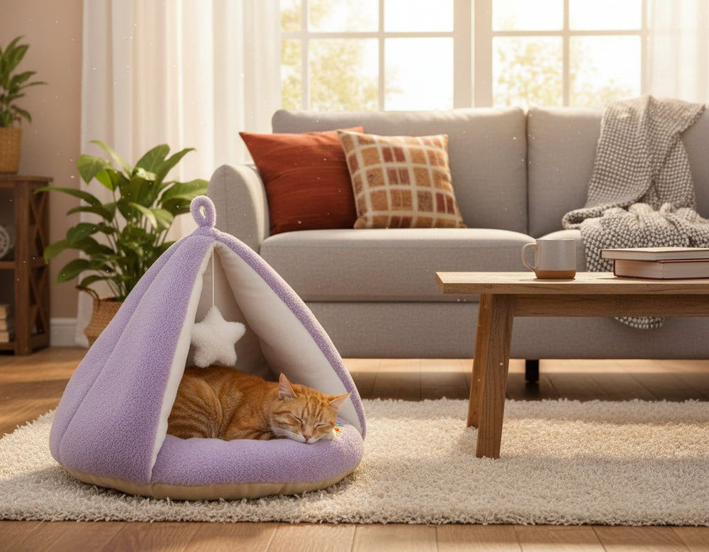 Gemütliches lila Komfortzelt für Katzen mit schlafender orangefarbener Katze in einem hellen Raum.