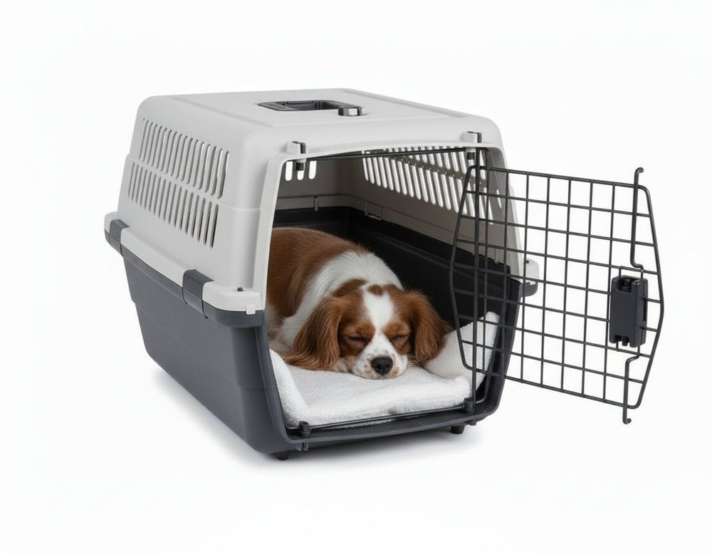 Schlafender Hund in einer grauen und schwarzen Hundebox mit Lüftungsöffnung und offener Drahtgittertür.