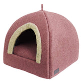 Gemütliches Haustierhaus in Zeltform, ovaler Eingang, weiches rotes Material für Komfort. Ideal für Haustiere zum Entspannen.
