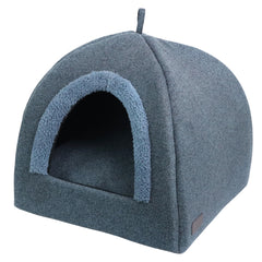 Gemütliches, graues Haustierhaus in Zeltform mit rundem Eingang und flauschiger Innenausstattung für Katzen und kleine Hunde.