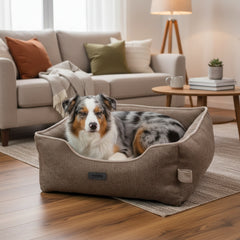 Entspannter Hund im beigen Komfortbett Linou in einem hellen Wohnzimmer. Ideal für Haustiere.