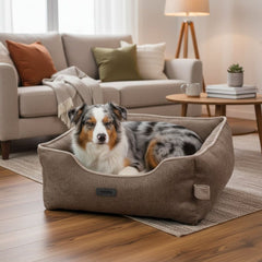 Entspannter Hund im beigen Komfortbett Linou in einem hellen Wohnzimmer. Ideal für Haustiere.