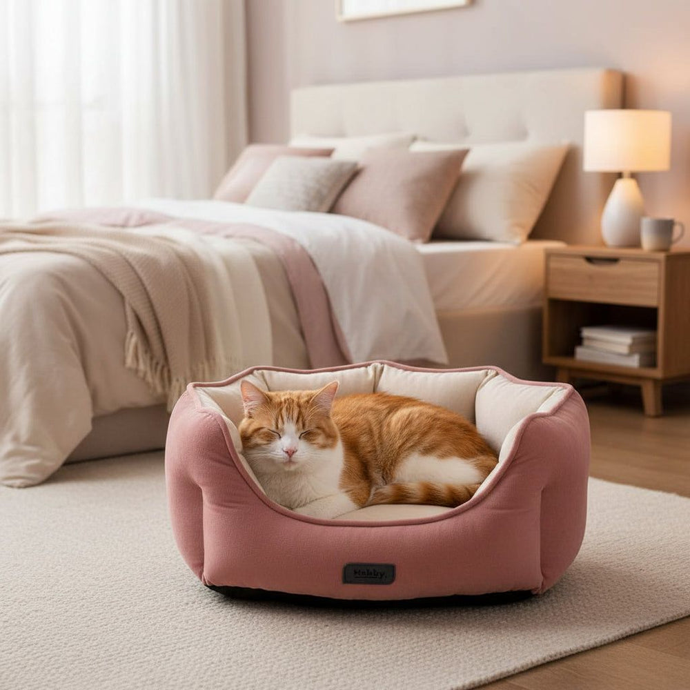 Gemütliches ovales Katzenbett Majid in rosa mit schlafender orangefarbener Katze im stilvollen Schlafzimmer.