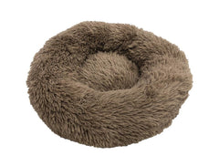 Rundes Kuschelbett "ESLA" in graubraun mit plüschiger Oberfläche und erhöhtem Rand für gemütliches Liegen und Kuscheln.