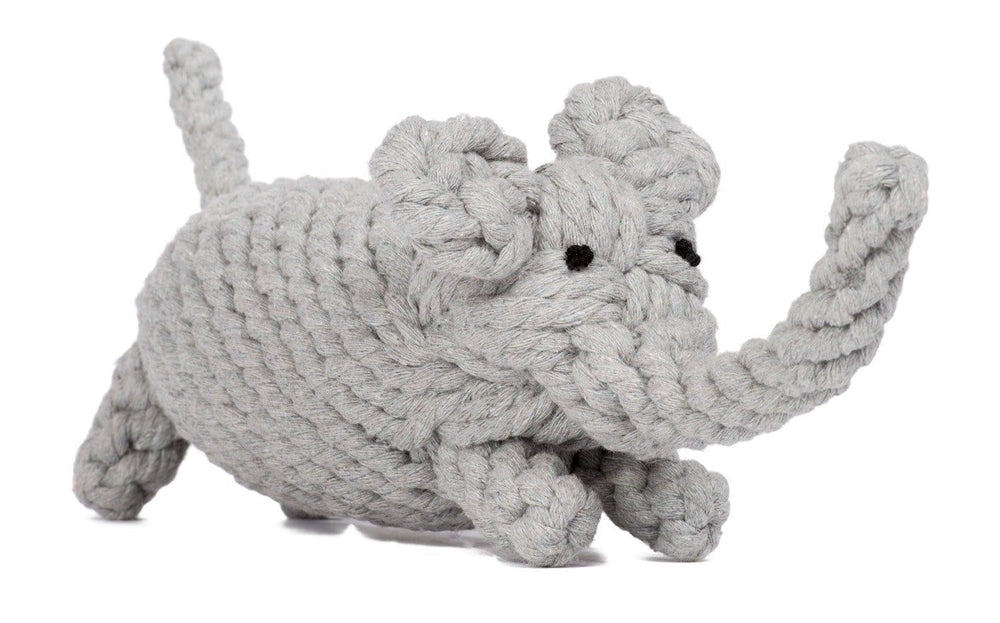 "Elton Elefant, ein graues geflochtenes Hundespielzeug mit Rüssel und großen Ohren, ideal für verspielte Hunde."