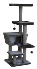 Kratzbaum MOTEGA in Grau mit Höhle, Liegeflächen, Sisal-Säulen und Spielbällen für Katzen.