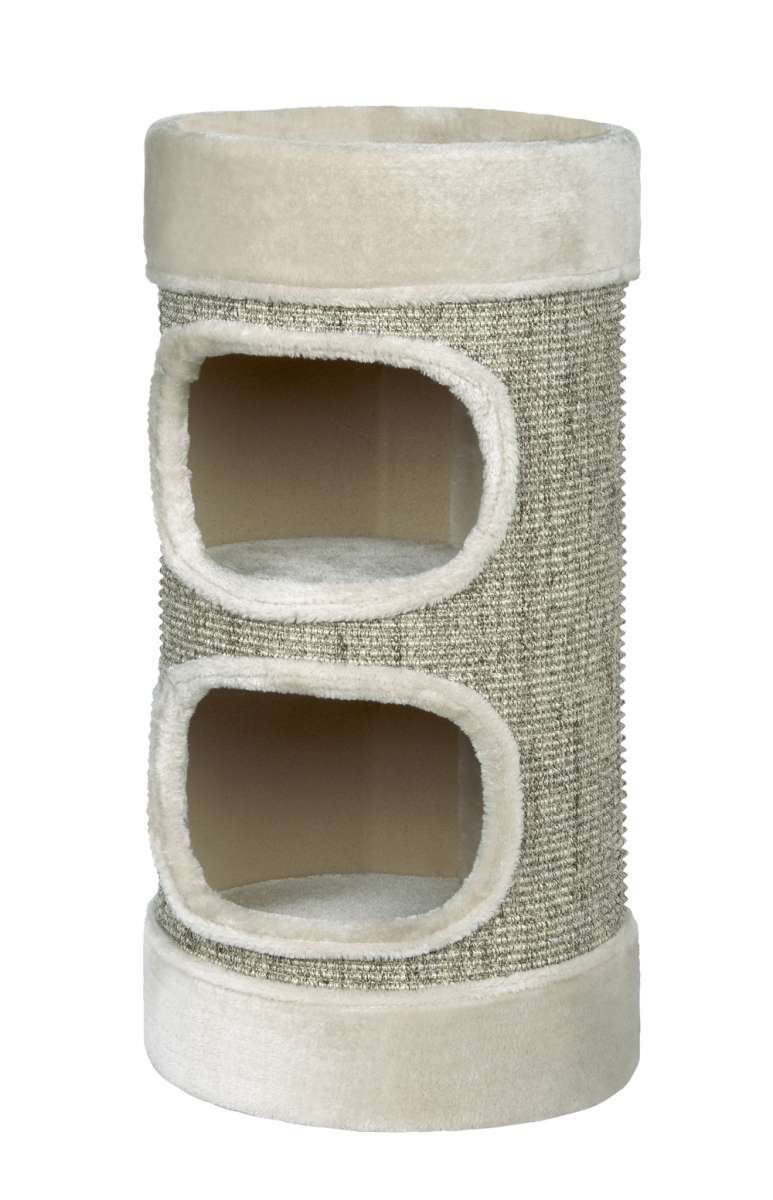 Katzenbaum "LITTLE LAZY" in zylindrischer Form mit Öffnungen und beigen Kanten aus grauem Stoff. Ideal zum Spielen und Relaxen.